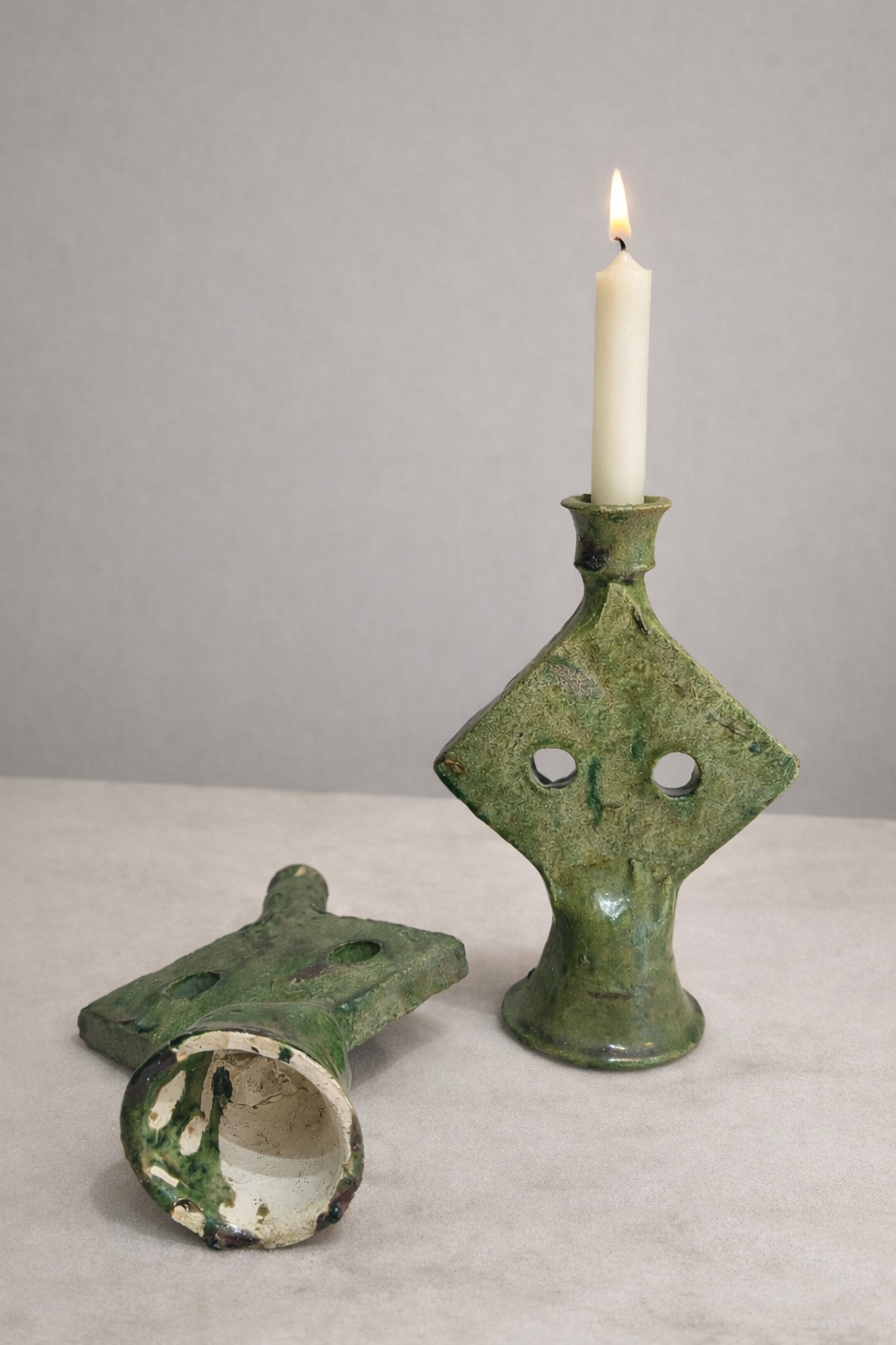Handmade Tamegroute Green Ceramic Candle Holder – Vintage Moroccan Boho Decor