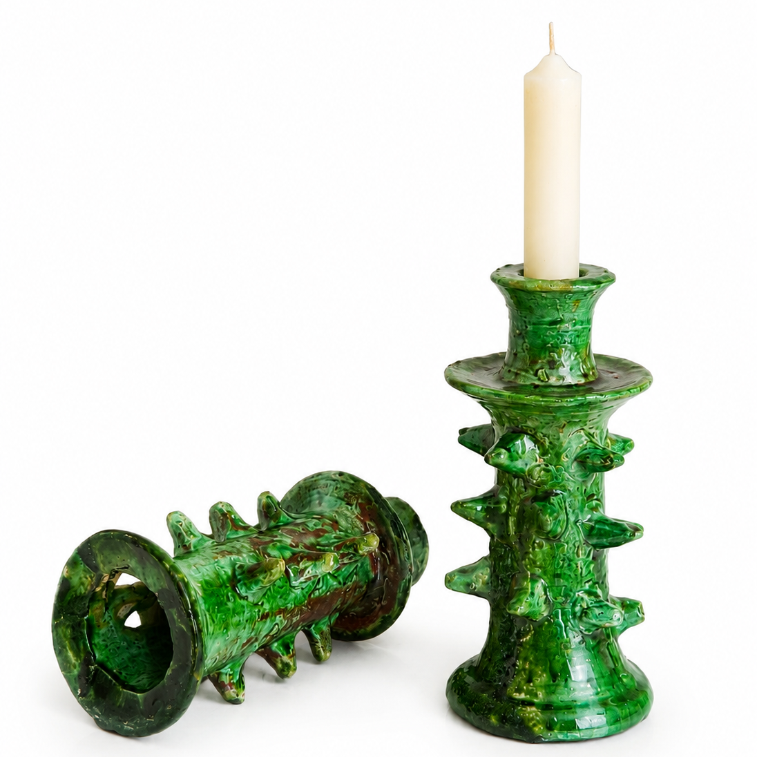 Handmade Dragon Tamegroute Ceramic Candle Holder – Green Moroccan Boho Decor