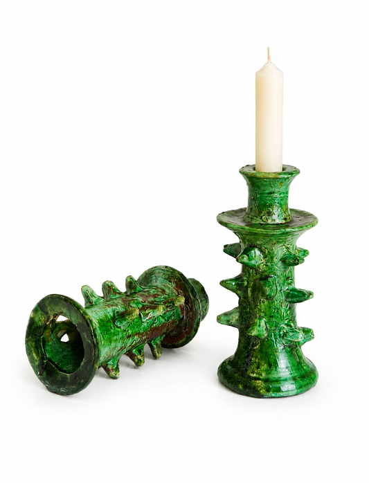 Dragon Tamegroute Candle Holders – Handmade Moroccan Pottery Candlesticks – Green Ceramic Boho Decor – Rustic Moroccan Home Decor