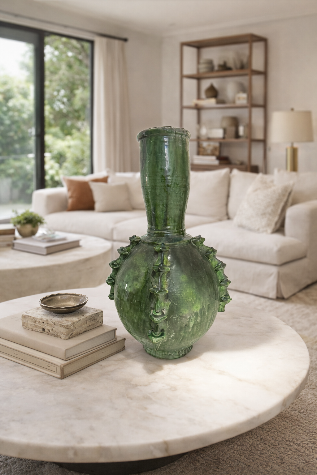 Tall Handmade Tamegroute Green Vase – Sculptural Moroccan Pottery Statement Piece