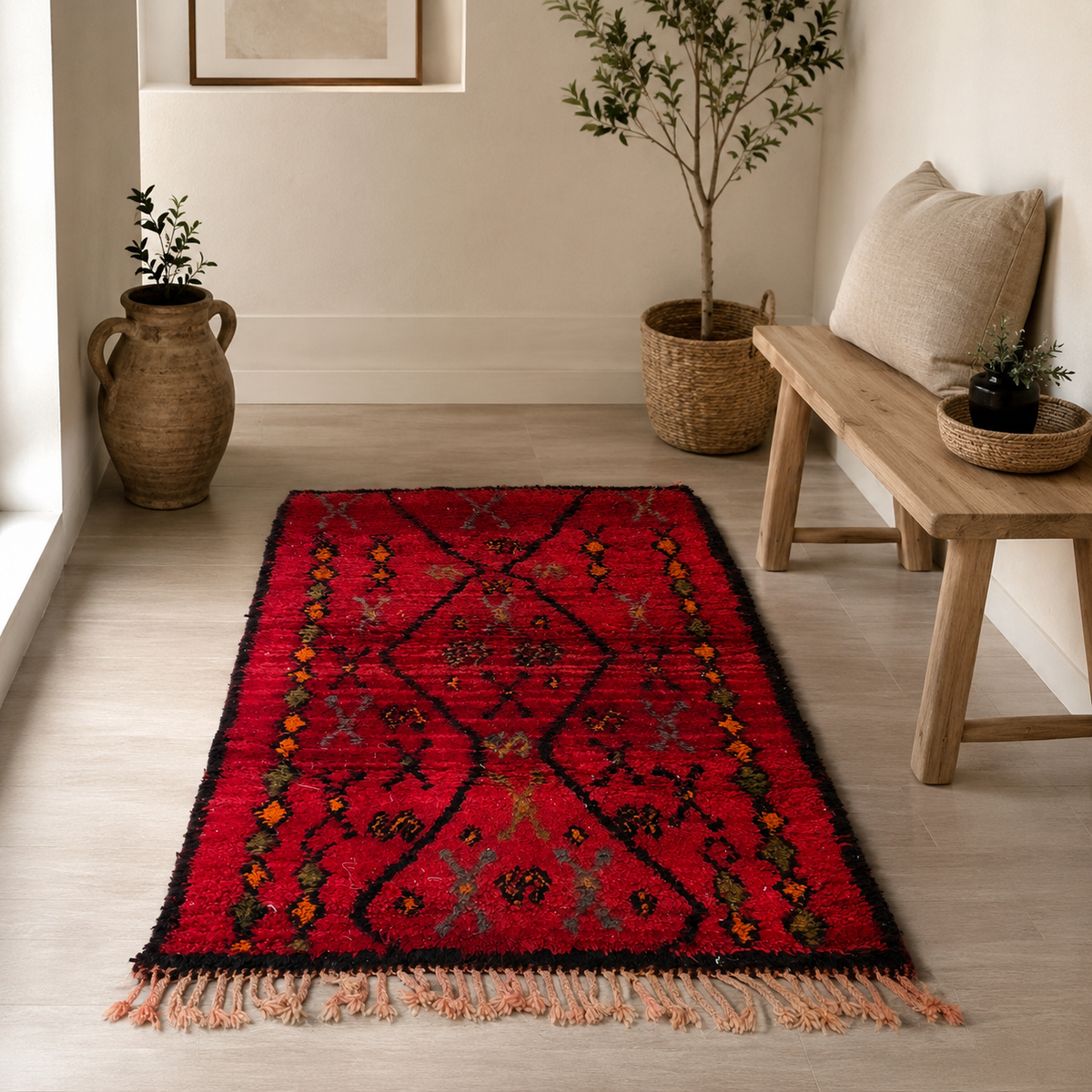 Red Moroccan Berber Wool Rug – Handwoven Diamond Pattern 185 × 116 cm