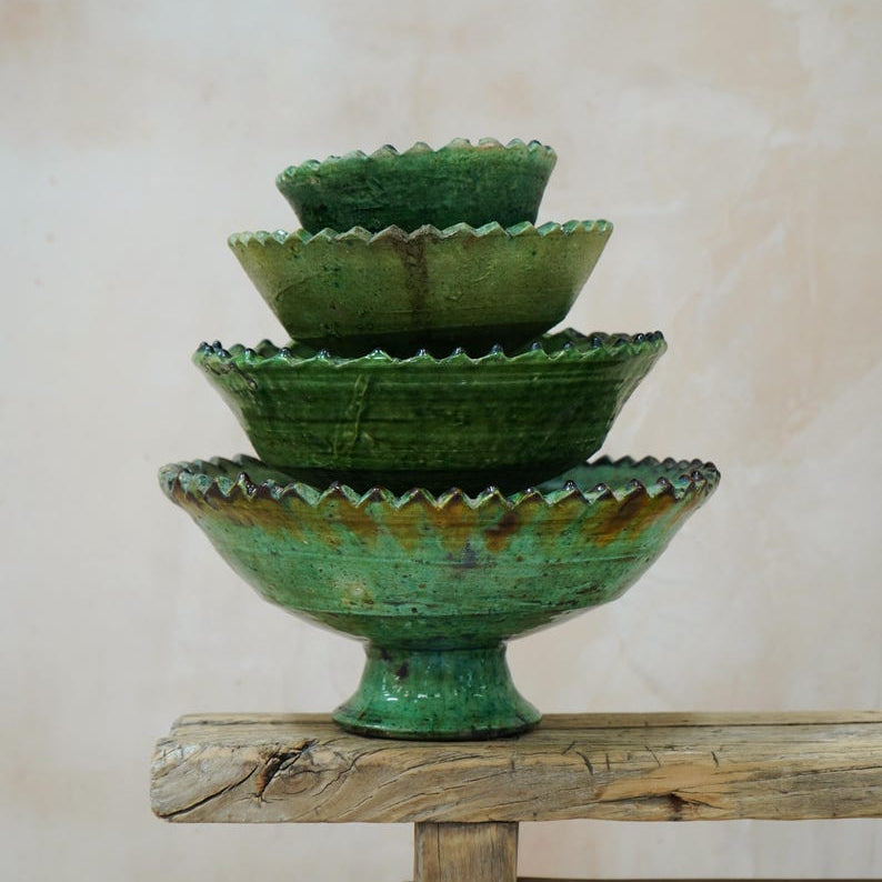 Set of 4 Moroccan Green Tamegroute Pedestal Bowls – Handmade Green Glazed Ceramic Nesting Bowls