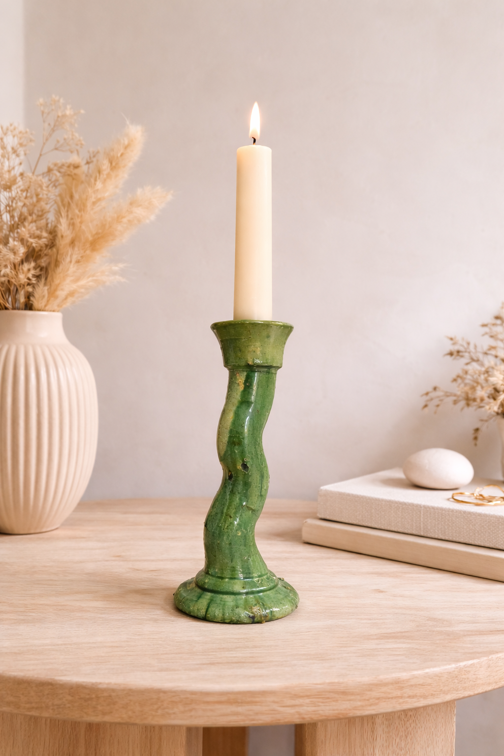 Funky design Green Tamegroute Candle holder- Moroccan Ceramics candlestick Holder 35 cm tall