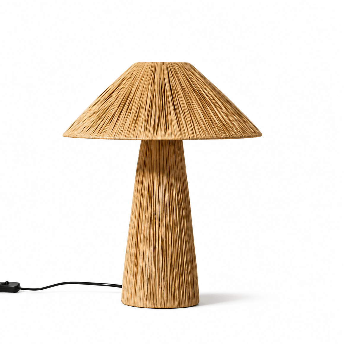 Natural raffia bedside table lamp with black cord on a minimalist white background.
Two handcrafted Moroccan