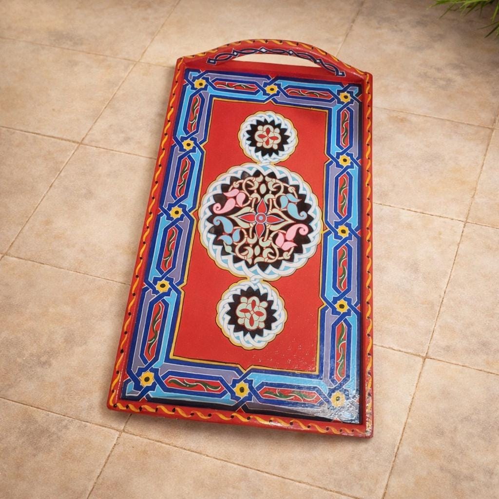 Hand-Painted Moroccan Wooden Serving Tray – Artisan Decorative Tea & Coffee Tray