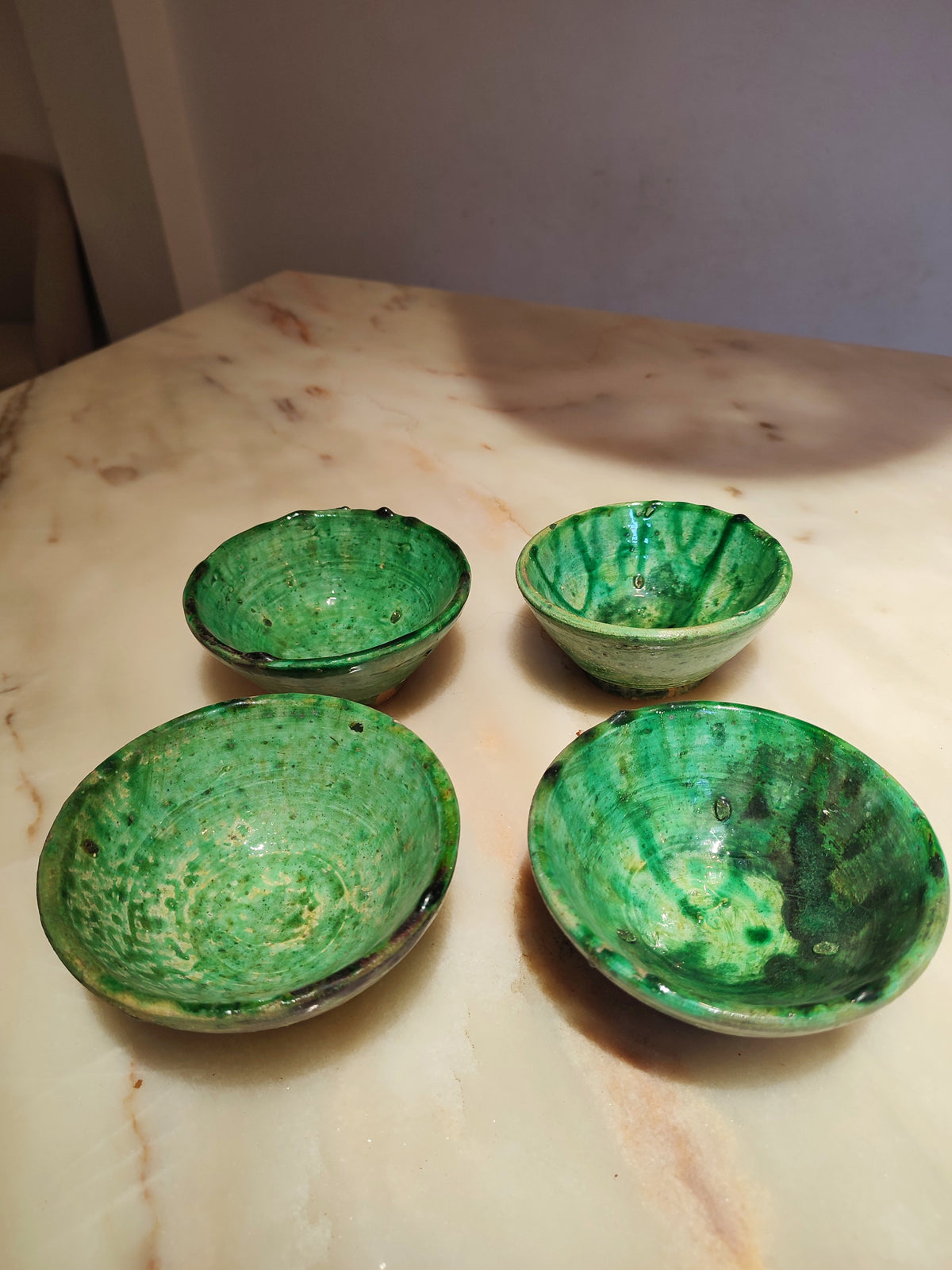 Set of 4 Green Tamegroute Pottery Bowls – Handmade Moroccan Ceramic Serving Bowls