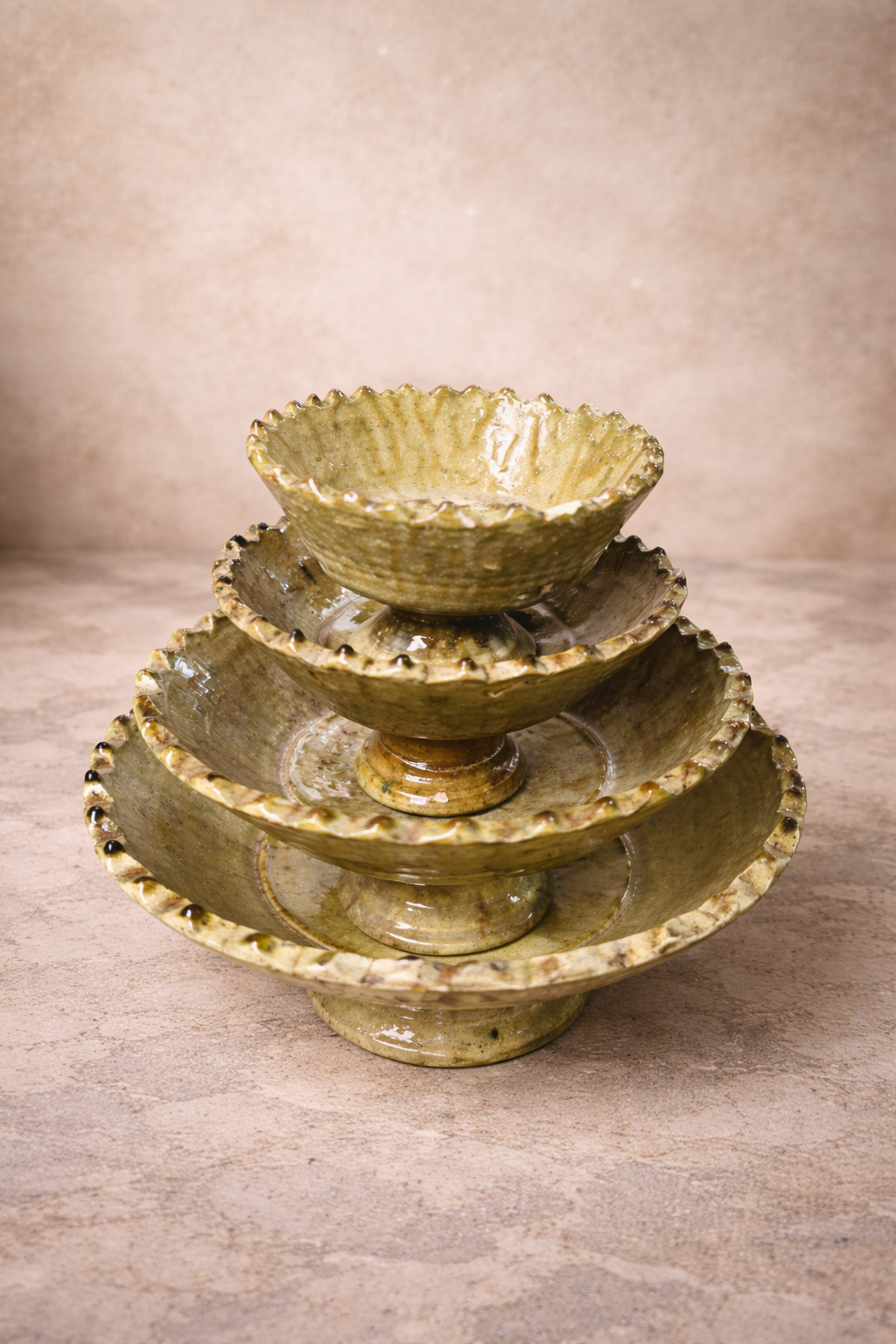 Set of 4 size Tamegroute Footed Bowls | s, m, l,xl | Green and Orche color Glazed ceramic Bowls| Moroccan Ceramic