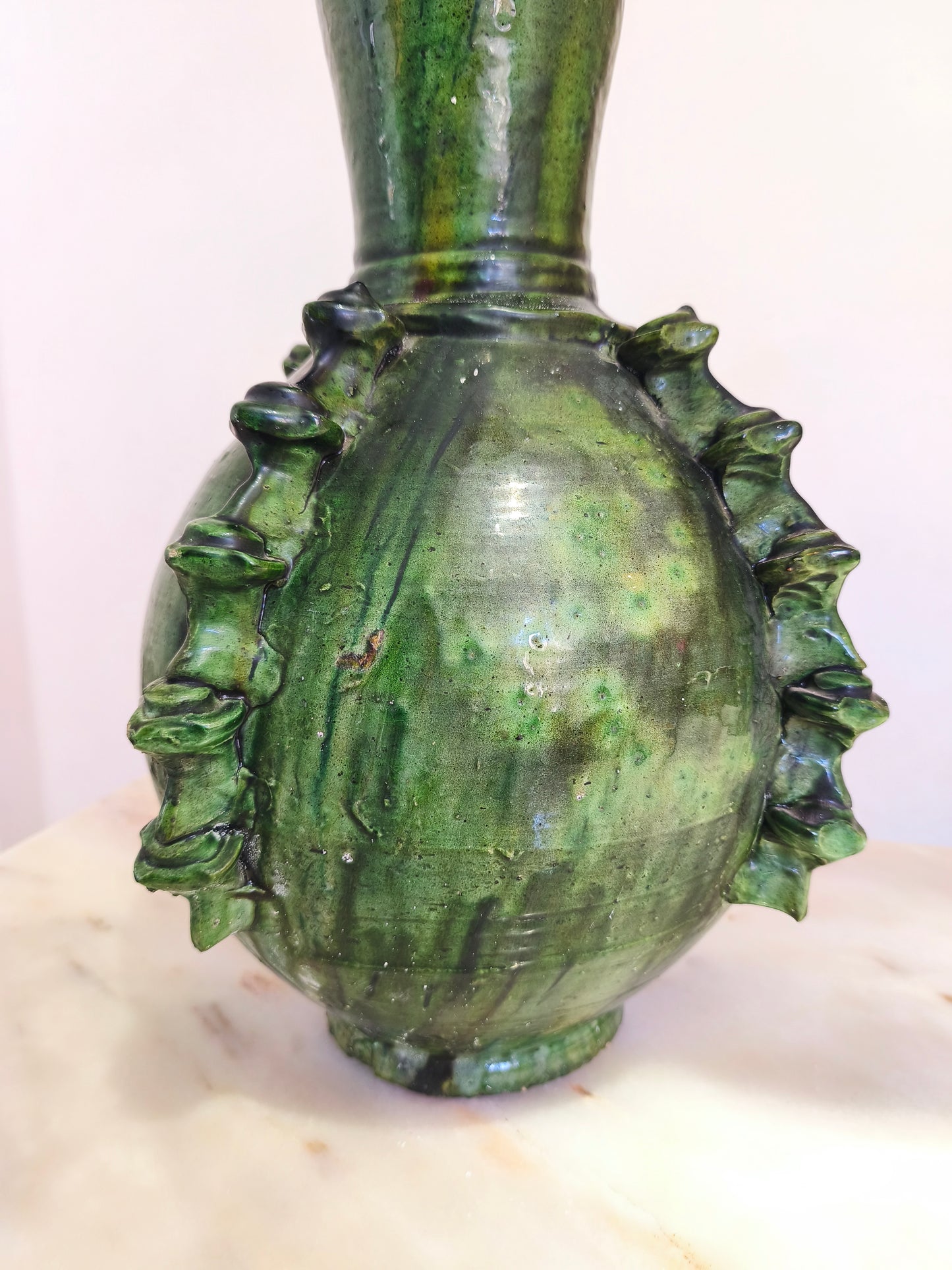 Tall Handmade Tamegroute Green Vase – Sculptural Moroccan Pottery Statement Piece