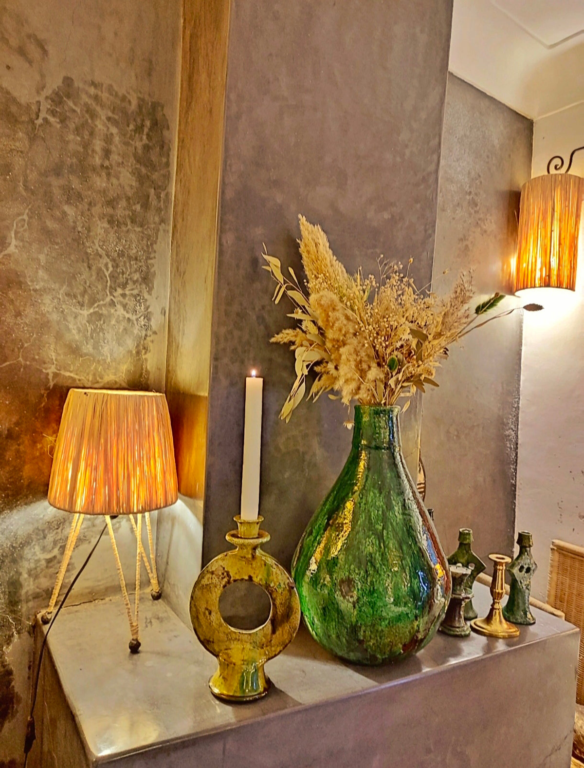 Handmade Tamegroute Yellow Ceramic Candle Holder – Rustic Moroccan Boho Decor