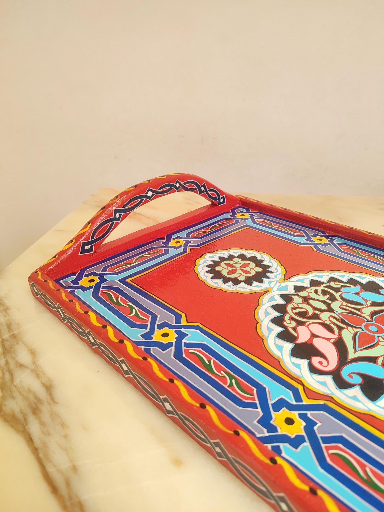 Hand-Painted Moroccan Wooden Serving Tray – Artisan Decorative Tea & Coffee Tray
