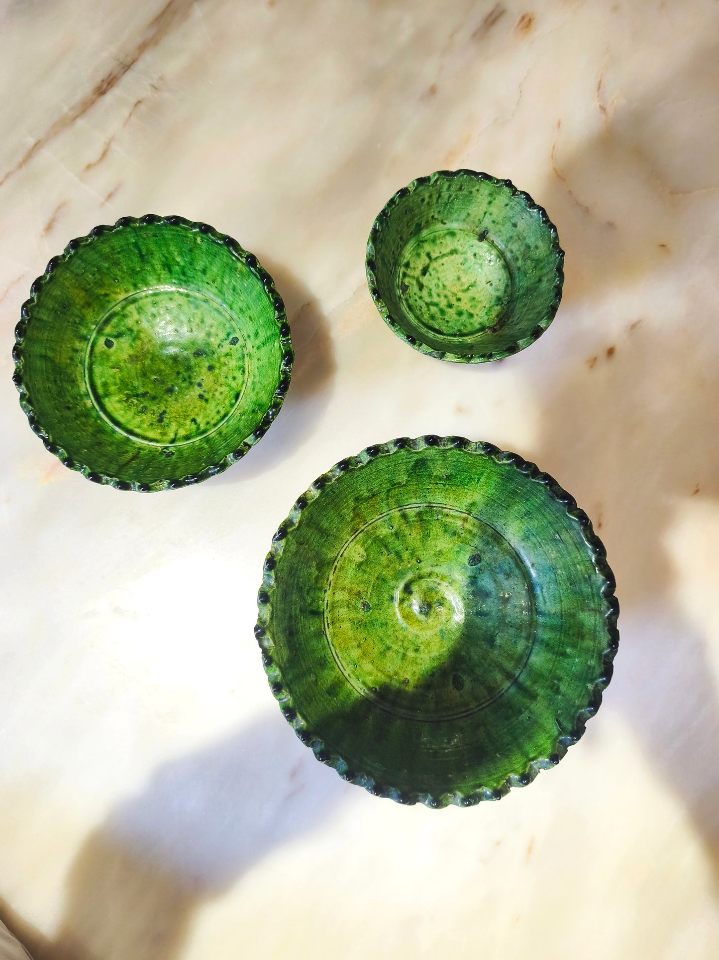 A set of 3 size Handmade Moroccan Ceramics Footed Bowls, Green Tamegroute bowls.