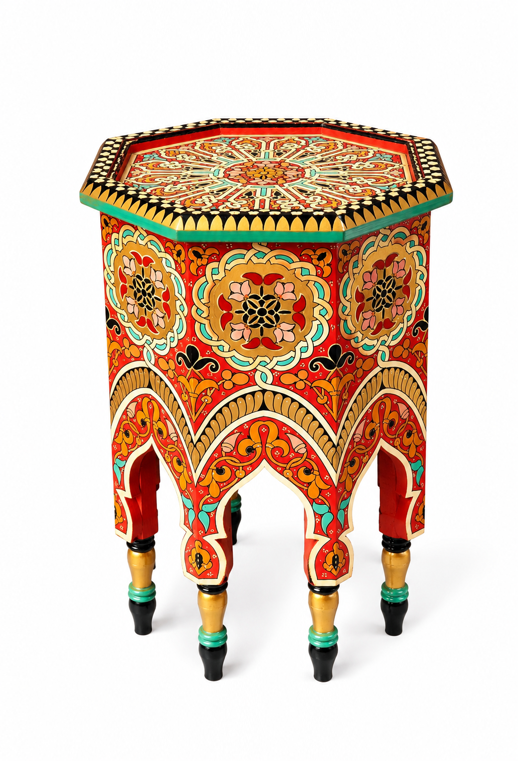Moroccan hand-printed wooden table with bold Moorish patterns 